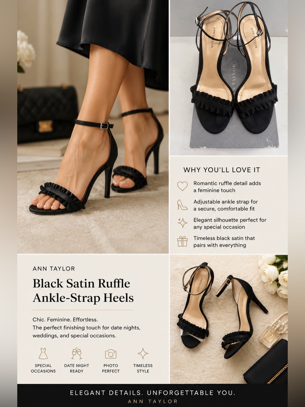 Ann Taylor Black Satin Ruffle Ankle-Strap Heels